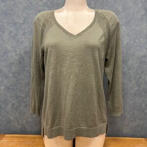Talbots Cotton Knit Top V-Neck 3/4 Sleeve Casual Olive Green Sweater M